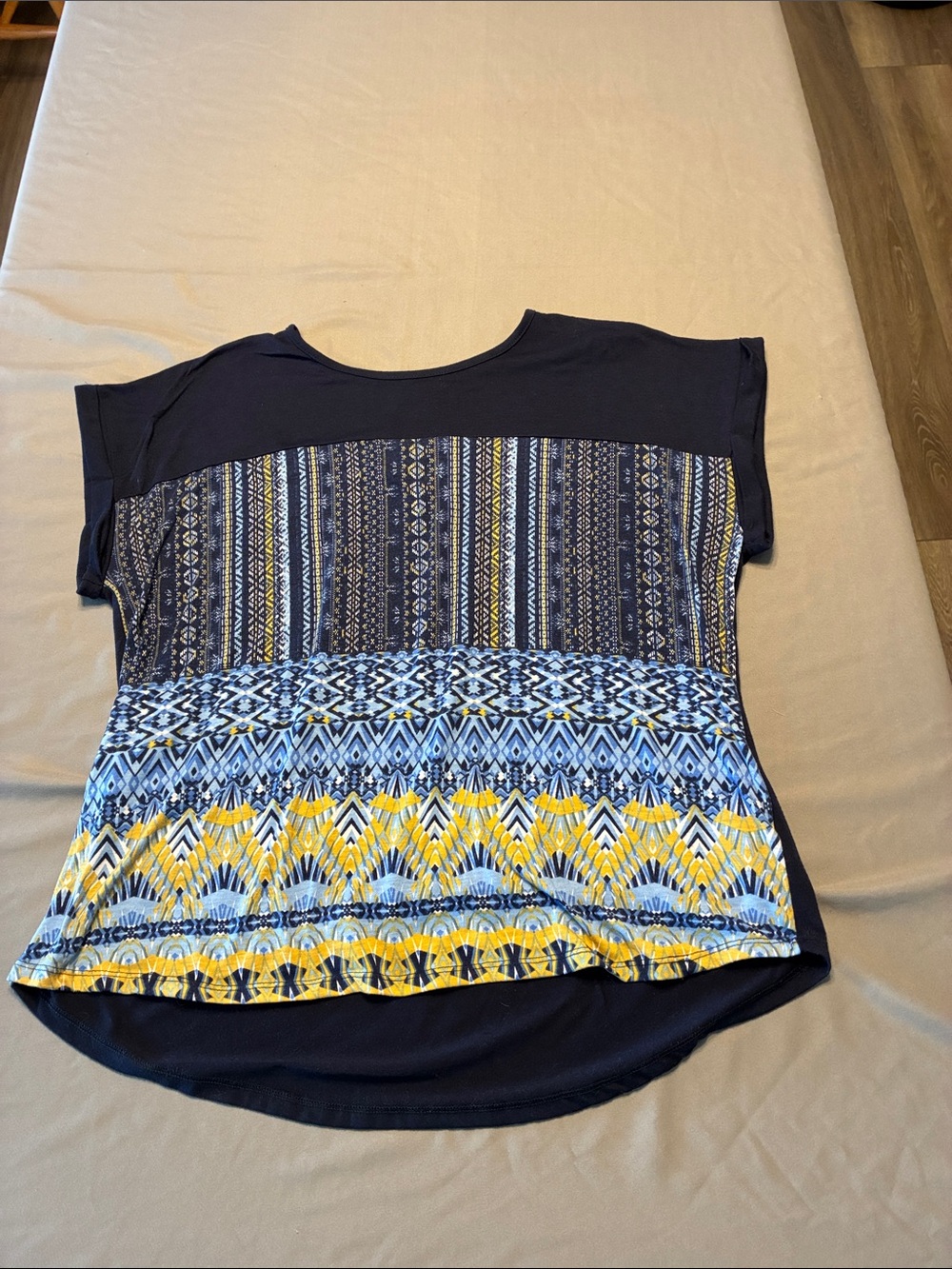 Absolutely Famous Navy Tee with Blue and Yellow Patterned Front